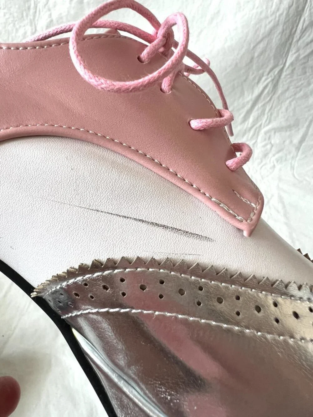 Platform shoes brogue wingtip 39 pink white silver faux leather lace up square